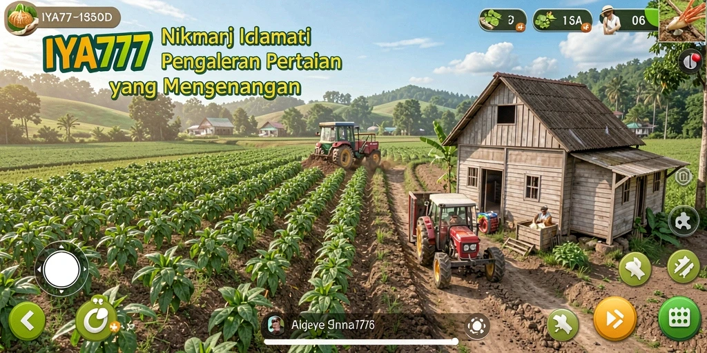 Screenshot gameplay IYA777 yang menampilkan ladang subur dan hewan ternak.