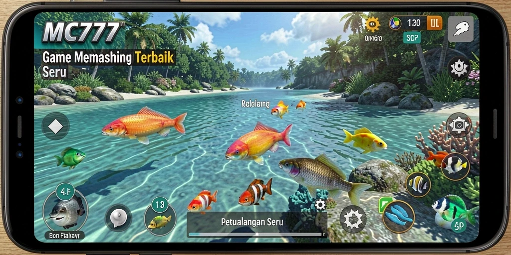 Screenshot gameplay MC777 menampilkan momen menangkap ikan yang epik.