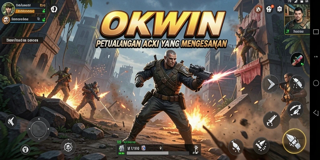 Screenshot gameplay OKWIN menunjukkan aksi pertempuran yang seru dan dinamis.